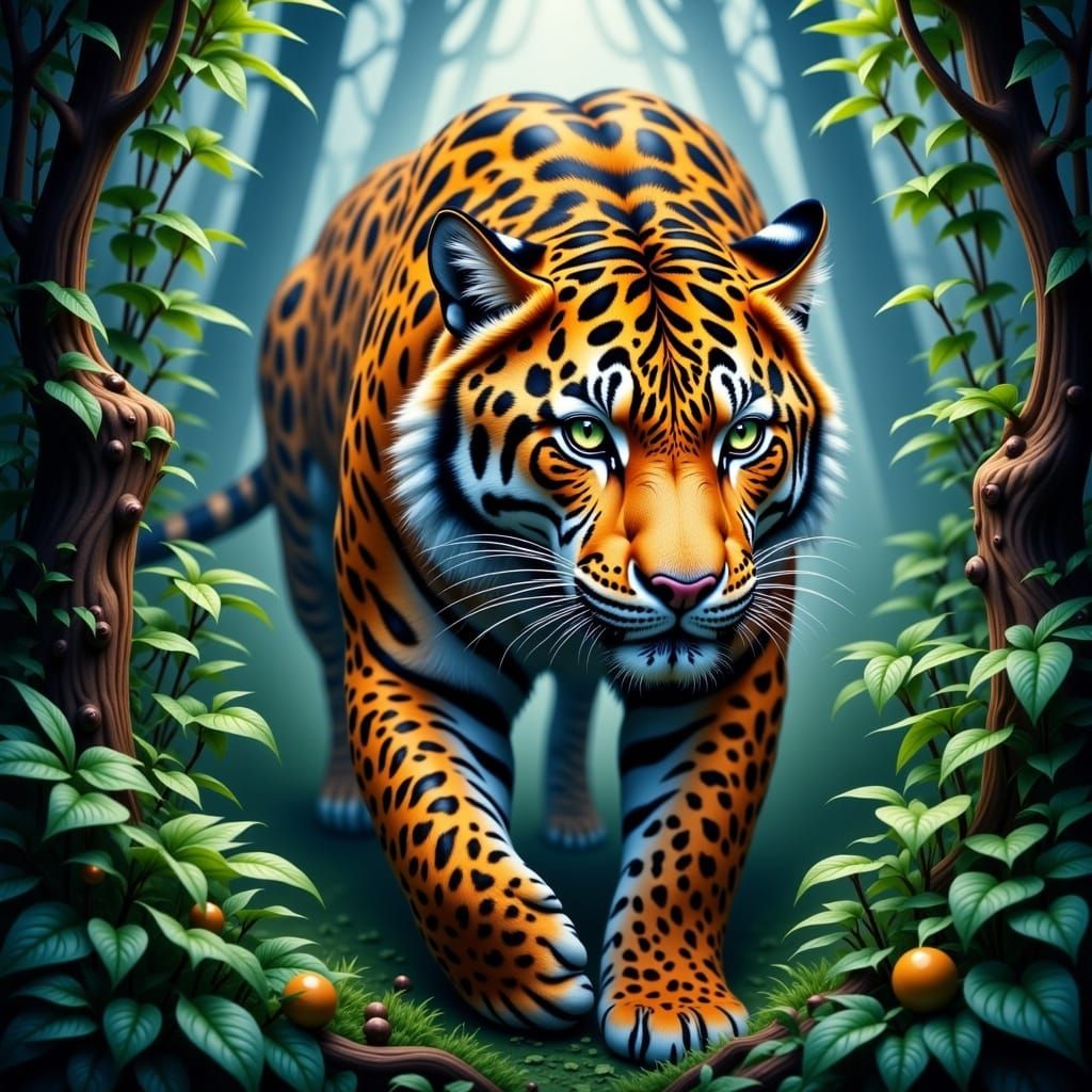 Majestic Golden Leopard Tiger Hybrid in Enchanted Jungle