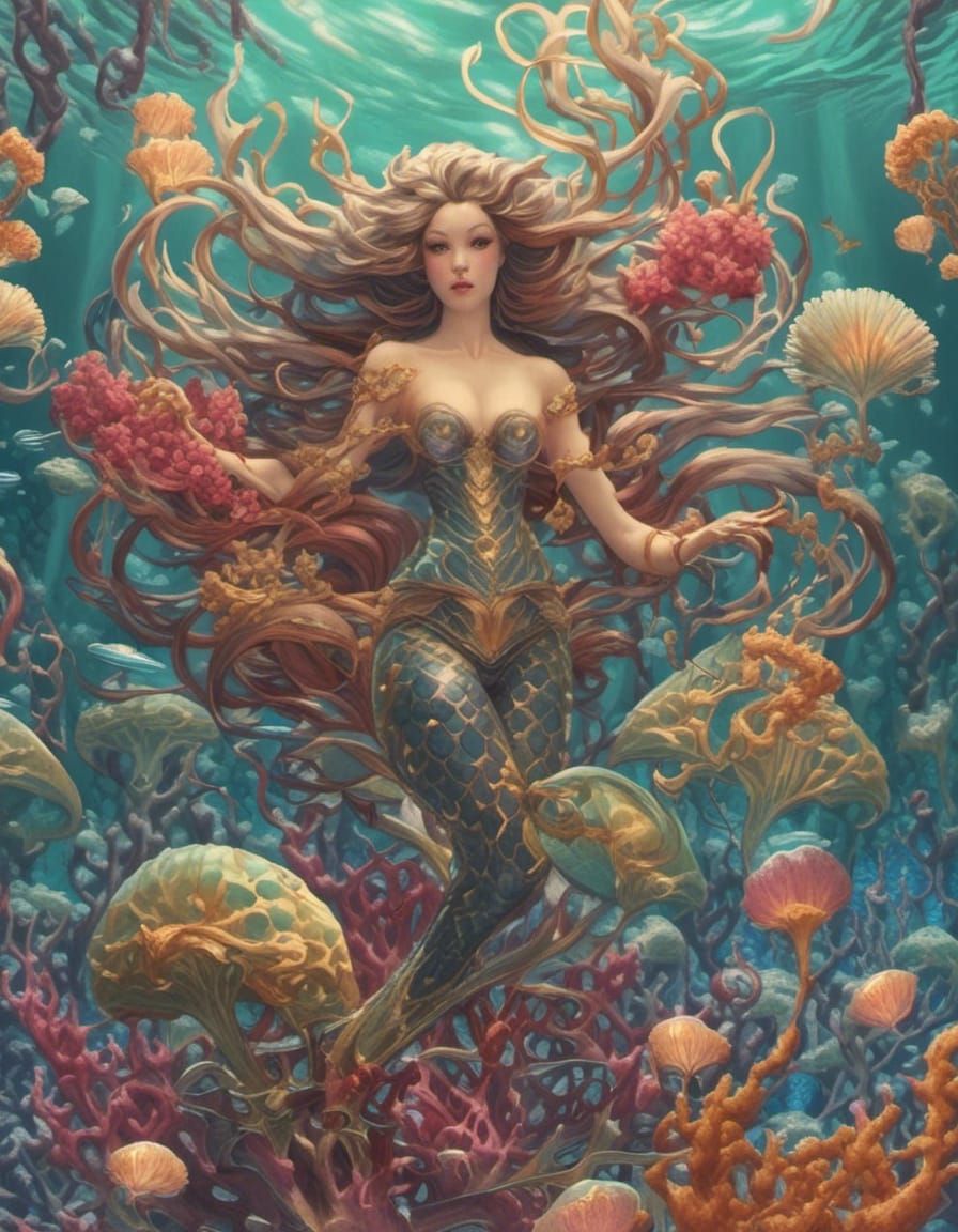 Mermaid and Merman Swimming Underwater with Jellyfish