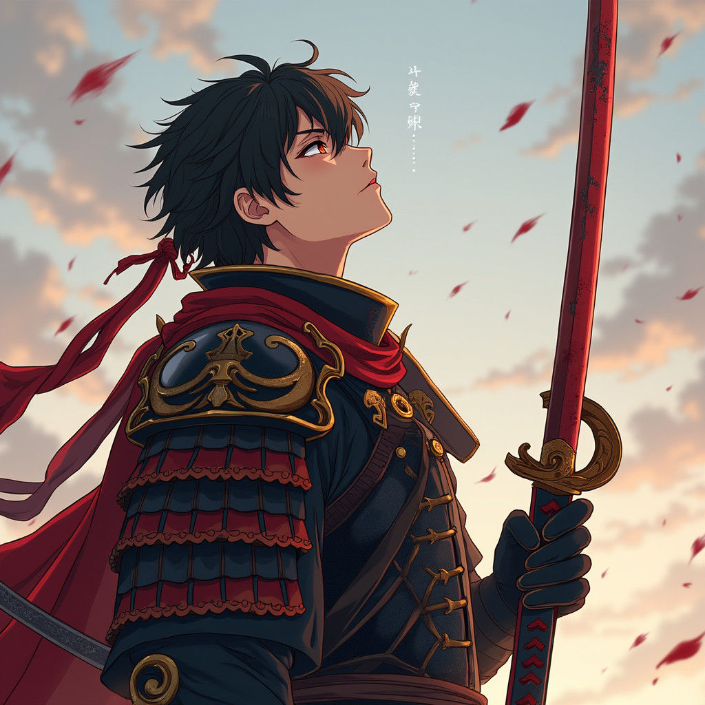 Victorious Samurai in Black and Crimson Armor, Anime Style