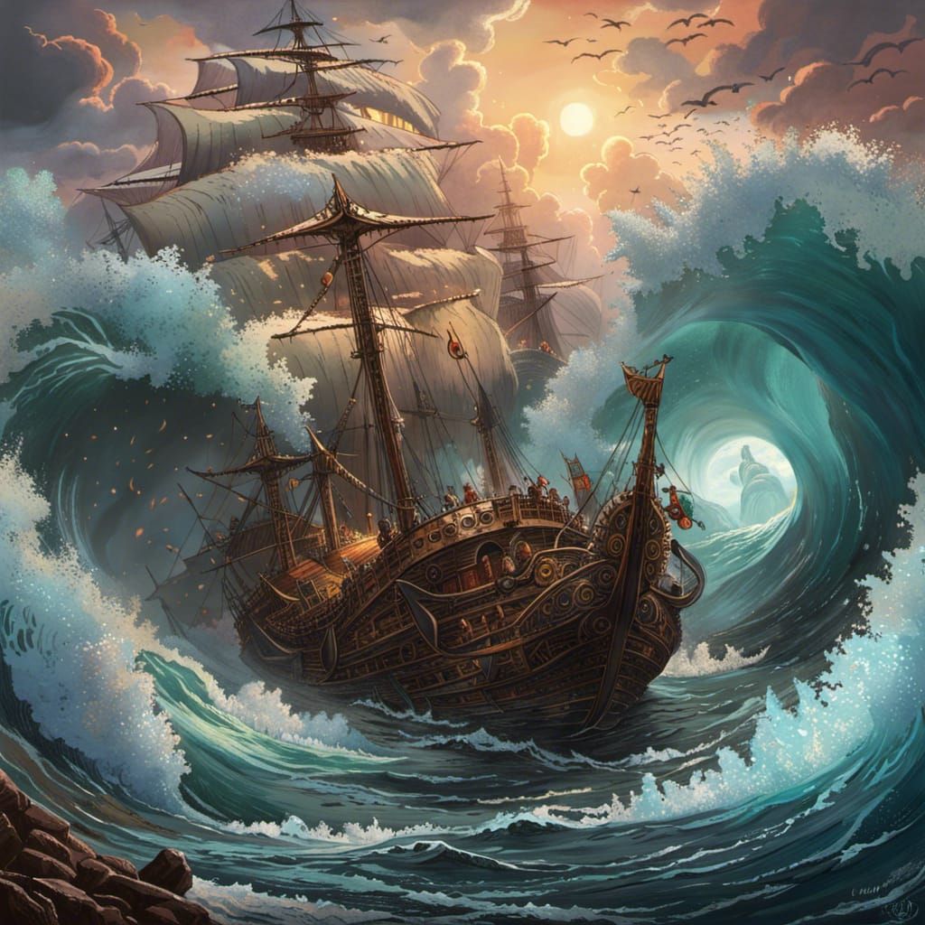 Ocean Maelstrom in Digital Illustration Style