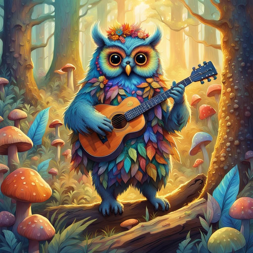 Rainbow Owlbear Serenade in Enchanted Forest