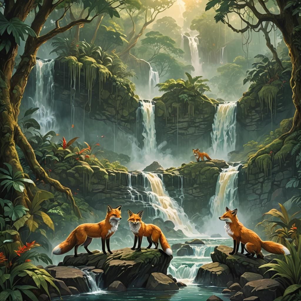 Foxes by Rainforest Waterfall: Fantasy Concept Art