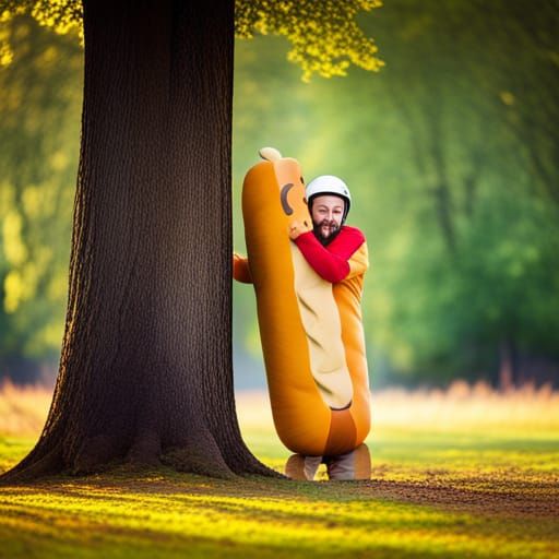 Man in a hot dog costume hugging a tree