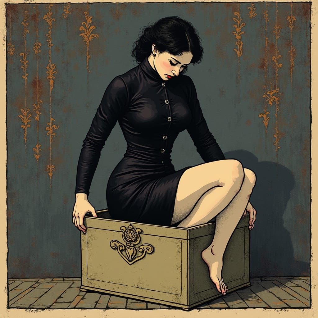 Beautiful Woman Emerges from Tiny Box in 19th-Century German...