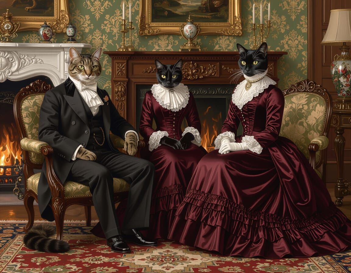 Victorian Cats in Opulent Parlor as Digital Painting
