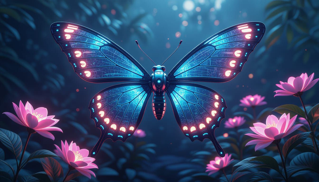 Futuristic Butterfly Drone in Cybernetic Garden, 3D Render