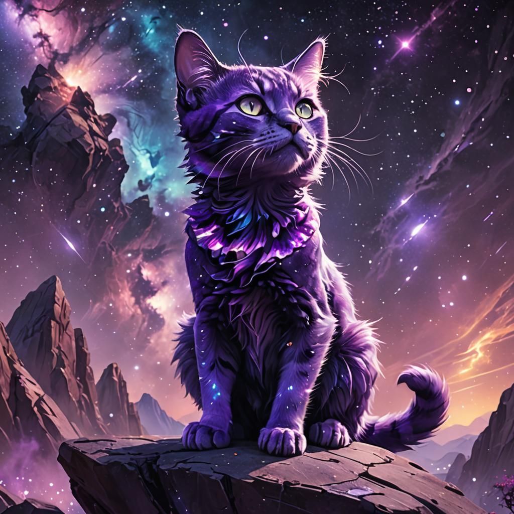 Purple Alien Cat Gazing at Nebula in Digital Art