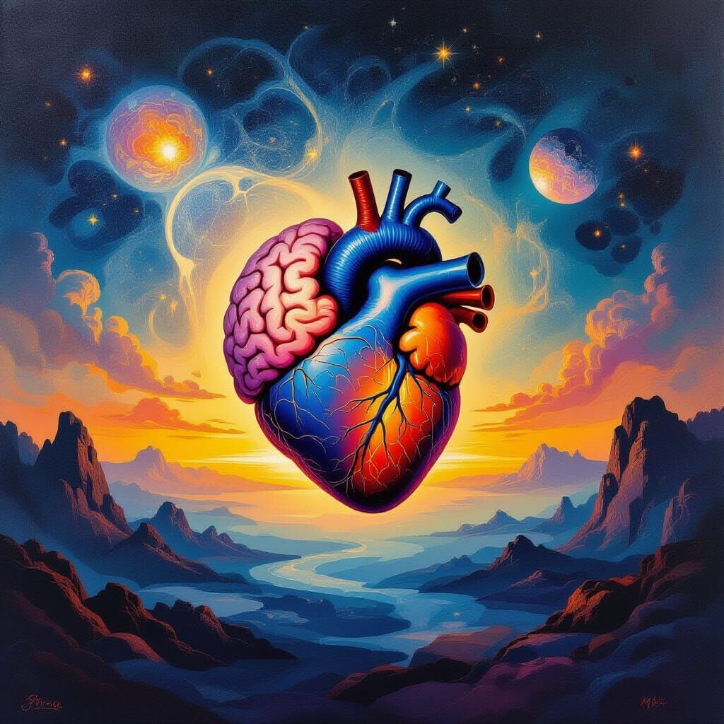 Surrealist Brain and Heart Painting in Cosmic Landscape