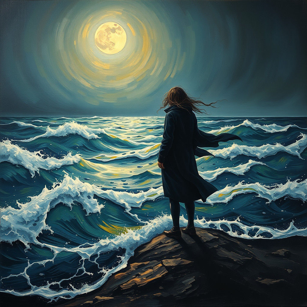 Moonlit Silhouette: Expressionist Seascape of Inner Turmoil
