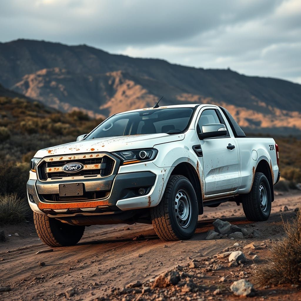 White Ford Ranger in Rugged Landscape