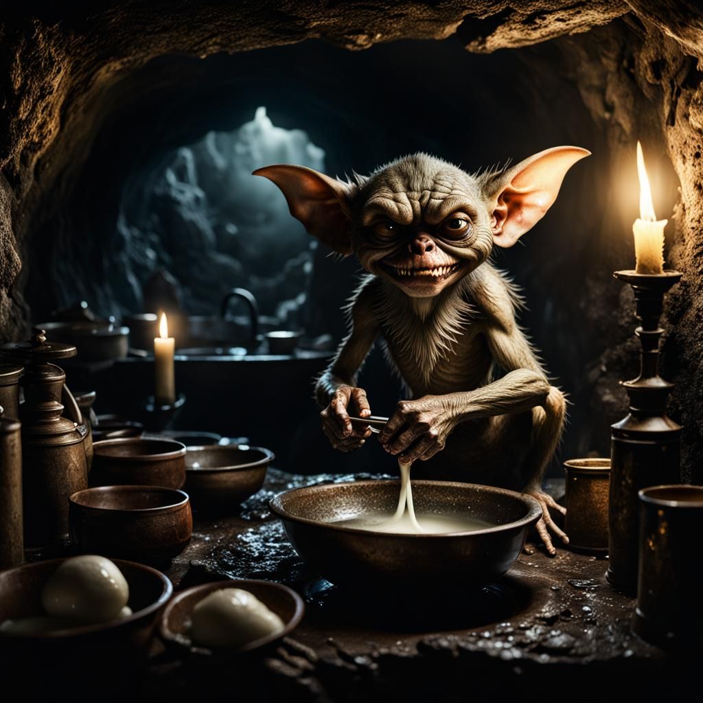 Gremlin Washing Dishes in Dark Cave