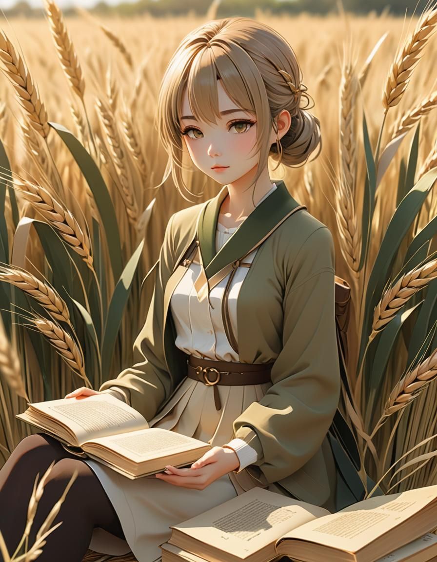 Serene Anime Girl Surrounded by Wheat and Books