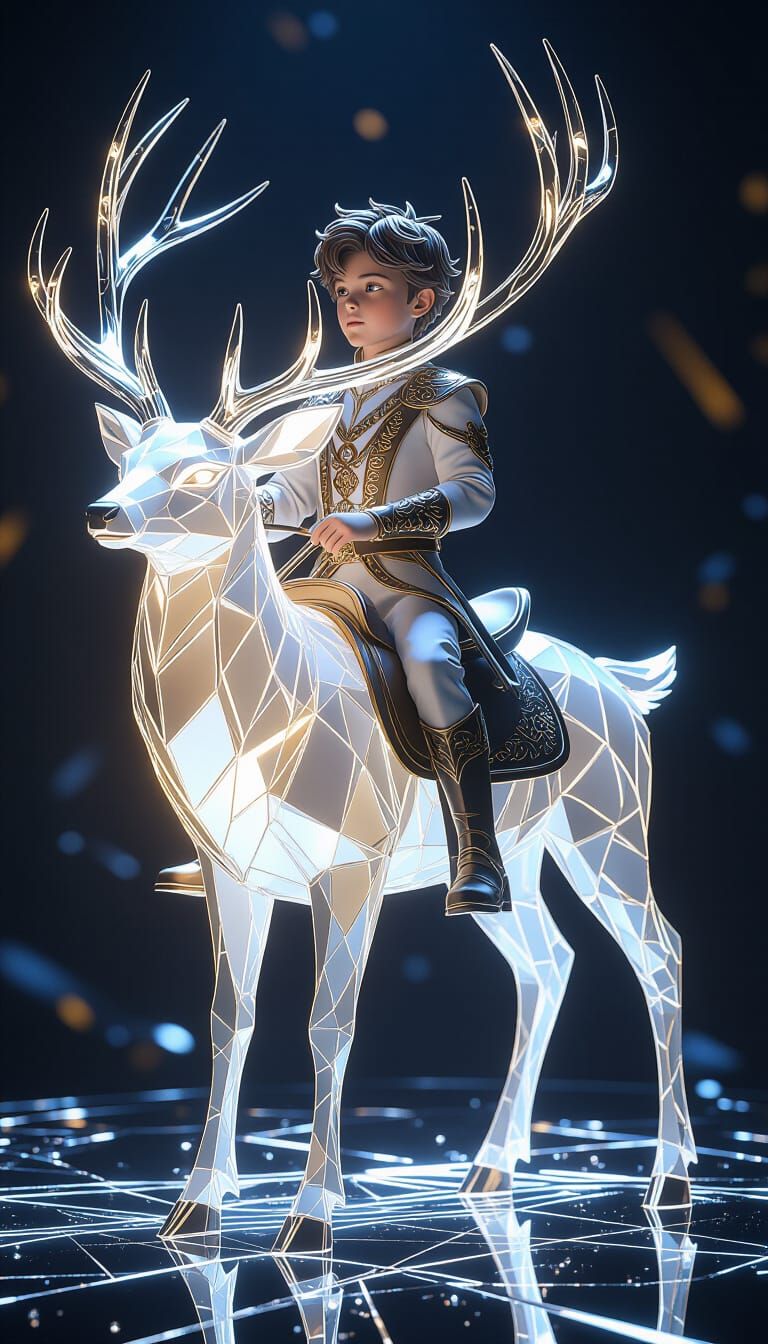 Boy Riding Crystal Deer with Glowing Light