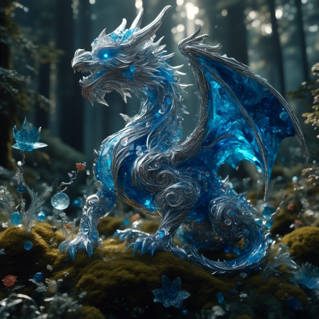 Blue and Silver Dragon with Jewels in Forest