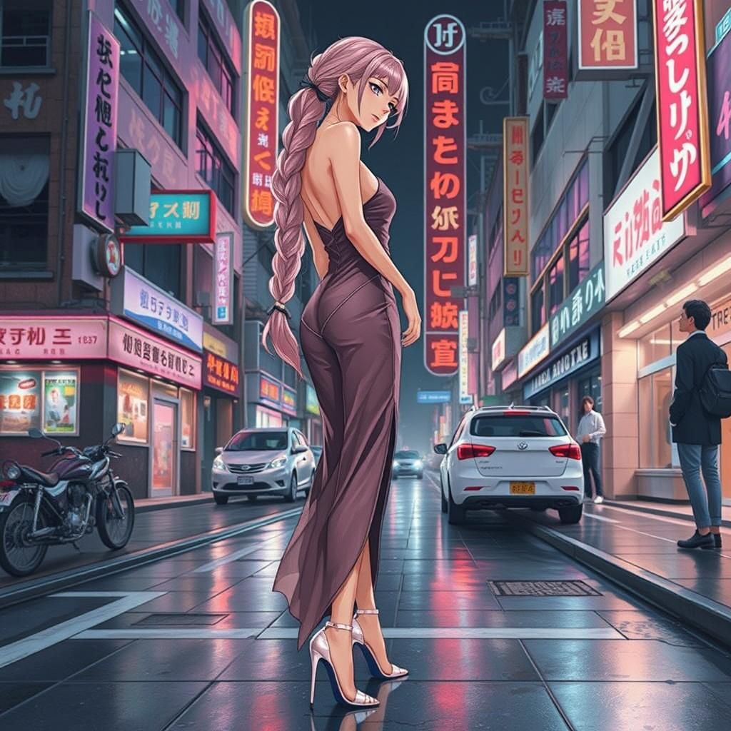 Anime Woman in Evening Dress with Braided Hair