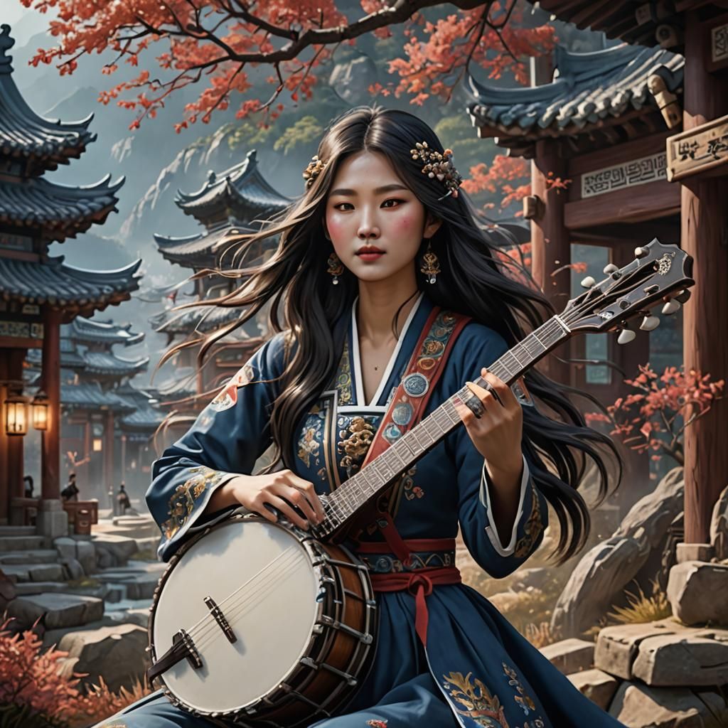 Korean Girl Plays Banjo: Detailed Matte Painting