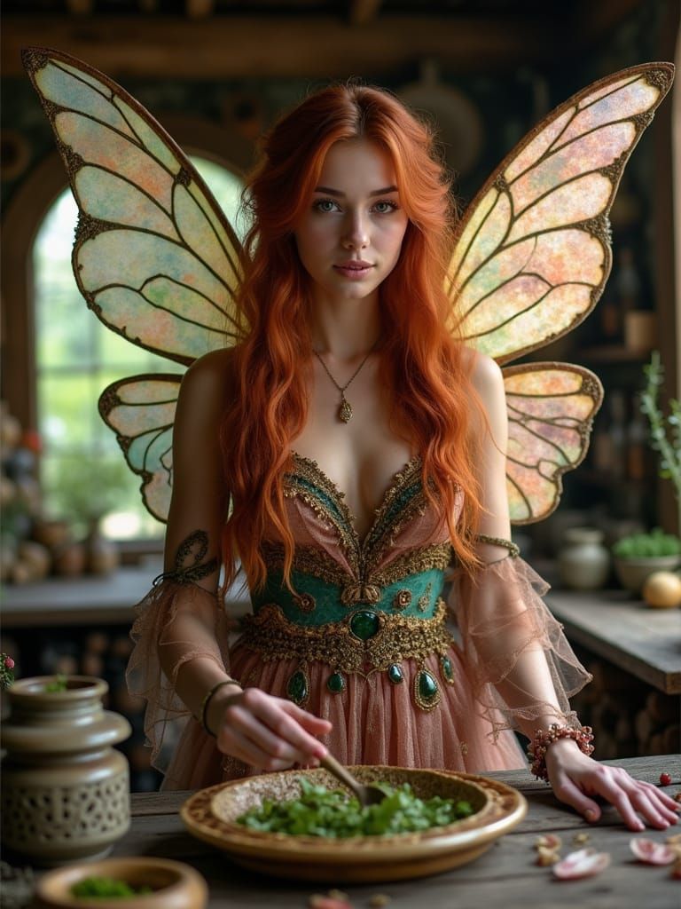 Fairy Preparing Magical Remedies in Warm Cottage Light