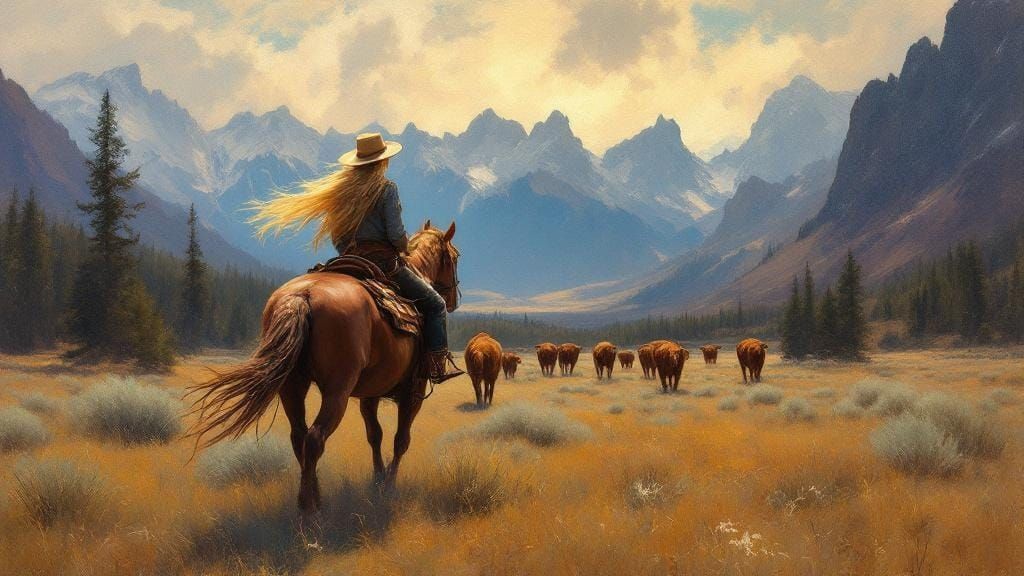 Cowgirl in Sawtooth Mountains: Impressionistic Oil Painting