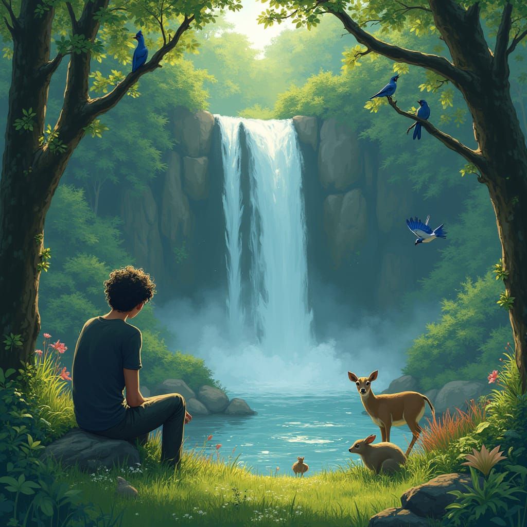 A Melancholic Figure Surrounded by Whimsical Nature in a Dre...