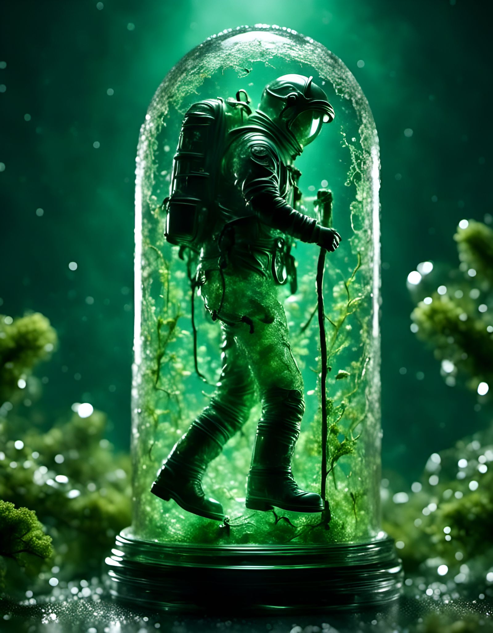 Green Astronaut Army in Glass Boot, Detailed Render