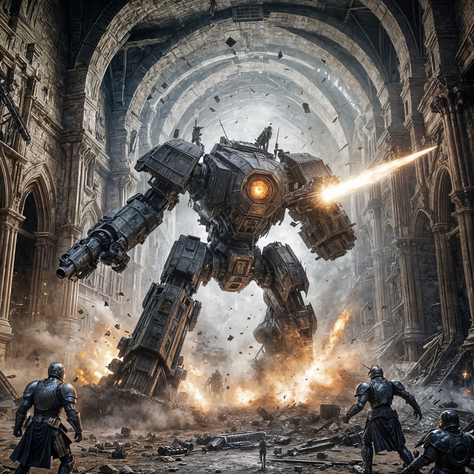 War Mech Assaults Medieval Castle Through Wormhole