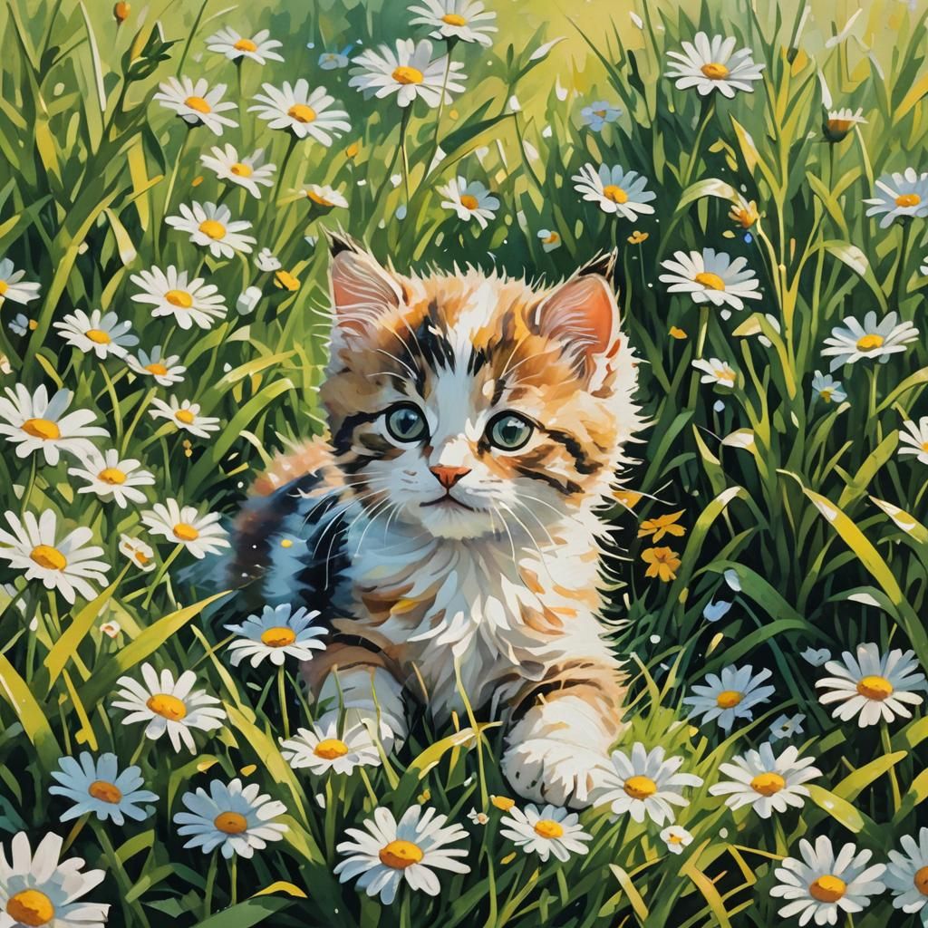 Impressionist Kitten Rolls in Daisies: Gouache Masterpiece