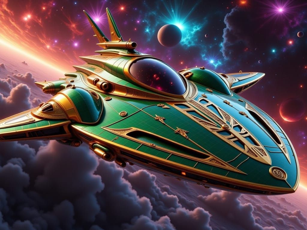 Futuristic Starship Soaring Through a Rainbow Nebula