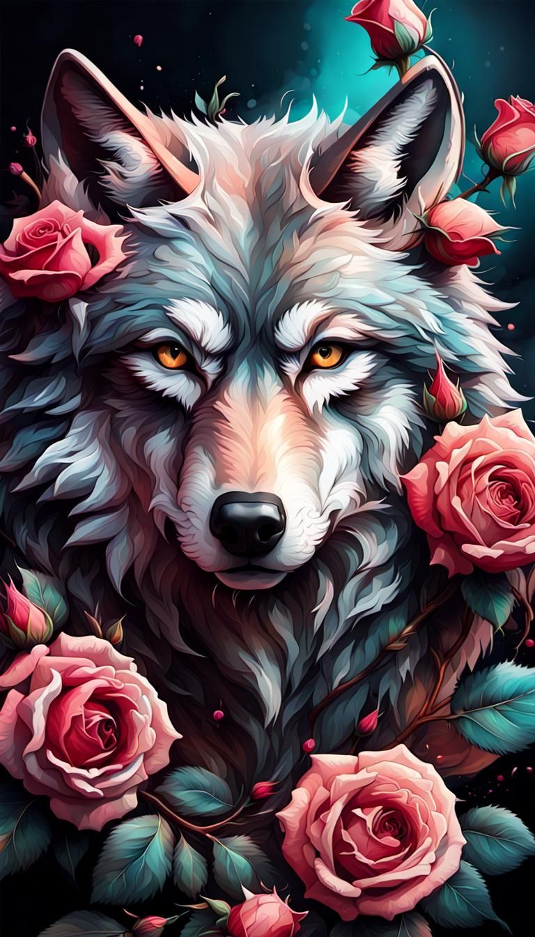 Hyperrealistic Wolves and Roses Wallpaper Design