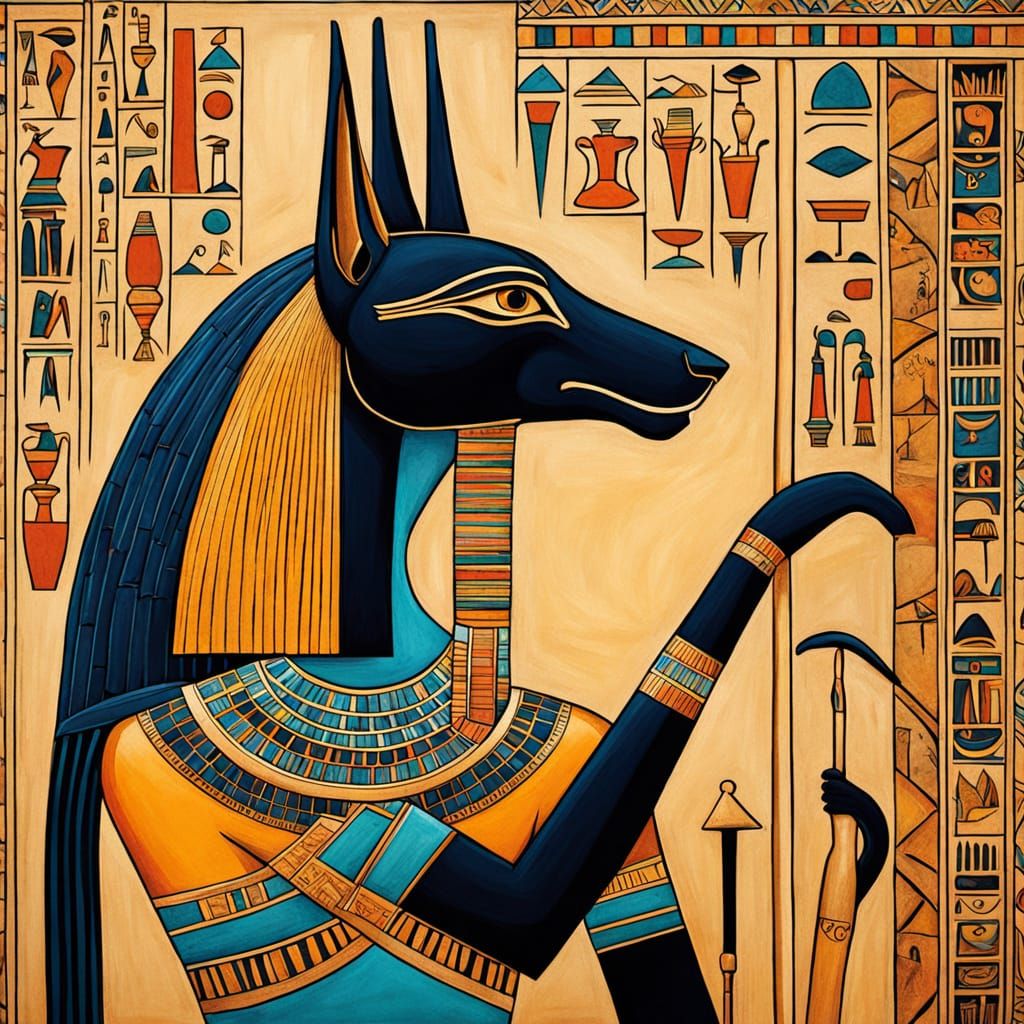 Ancient Egyptian God in Mural-Inspired Hieroglyphic Style