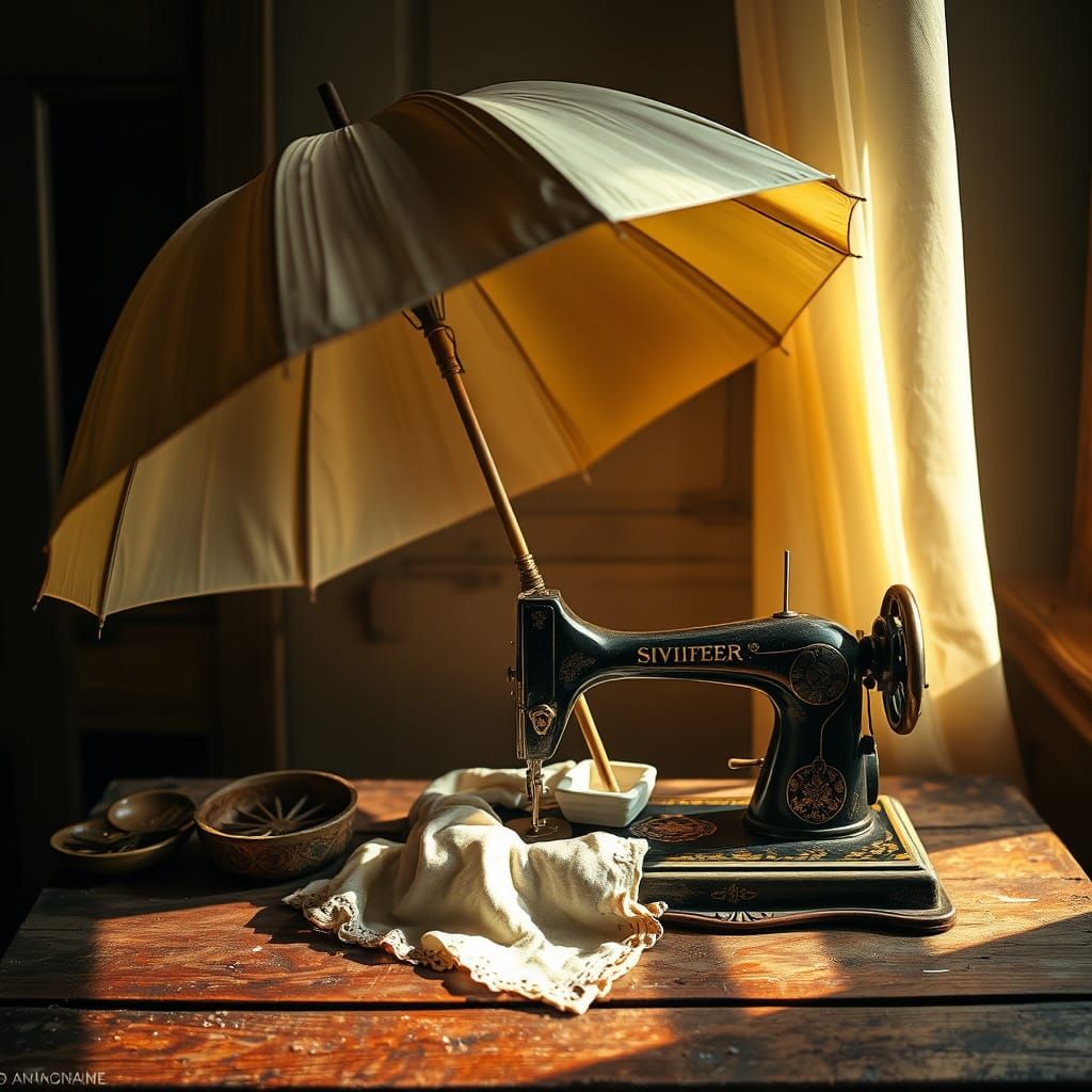 Vintage Italian Umbrella and Sewing Machine Still Life