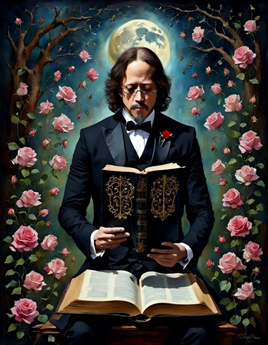 Man Reading Bible in Gothic Rose Garden