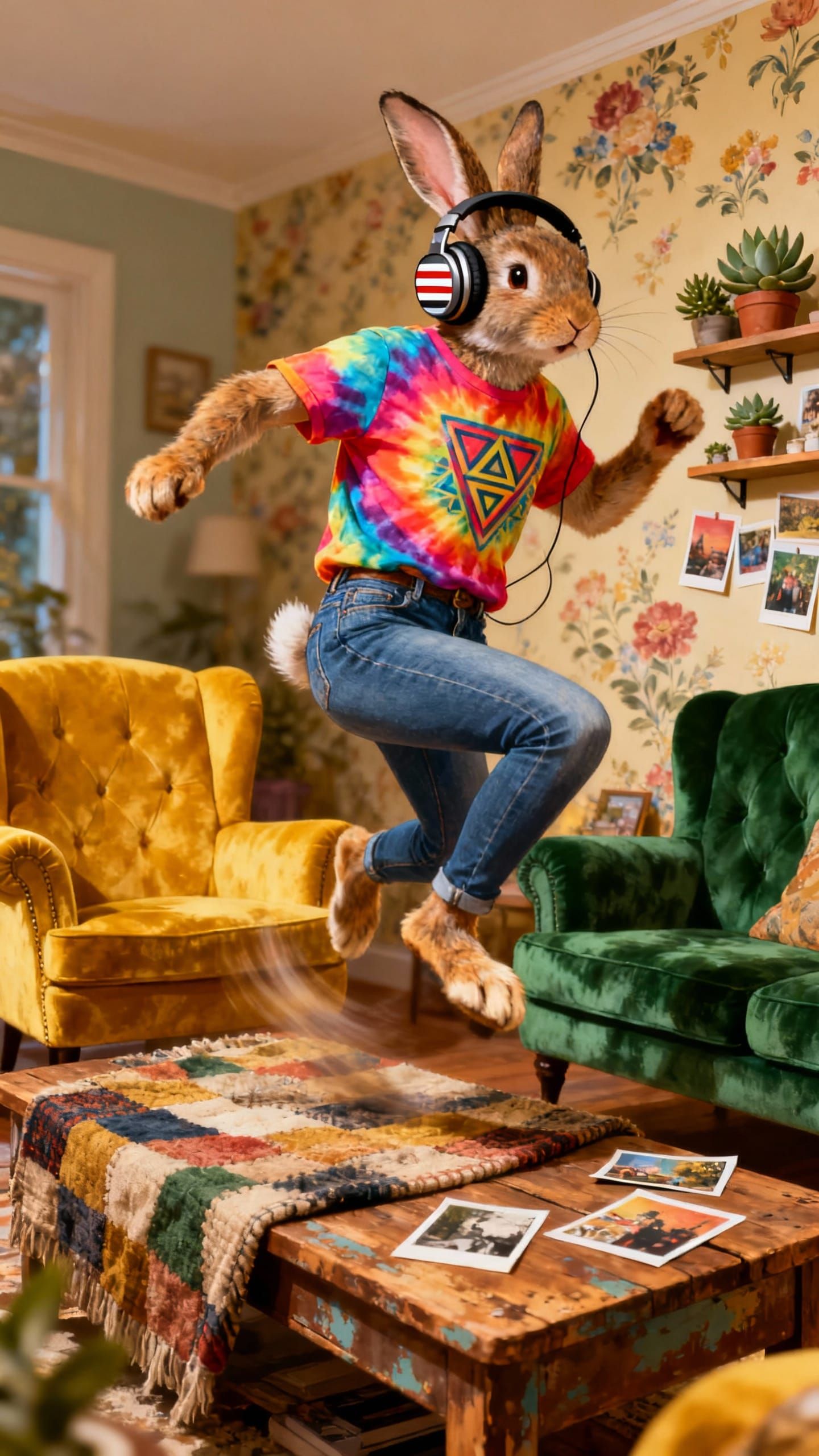 bunny with headphones, wearing Jeans and t-shirt, dancing, i...