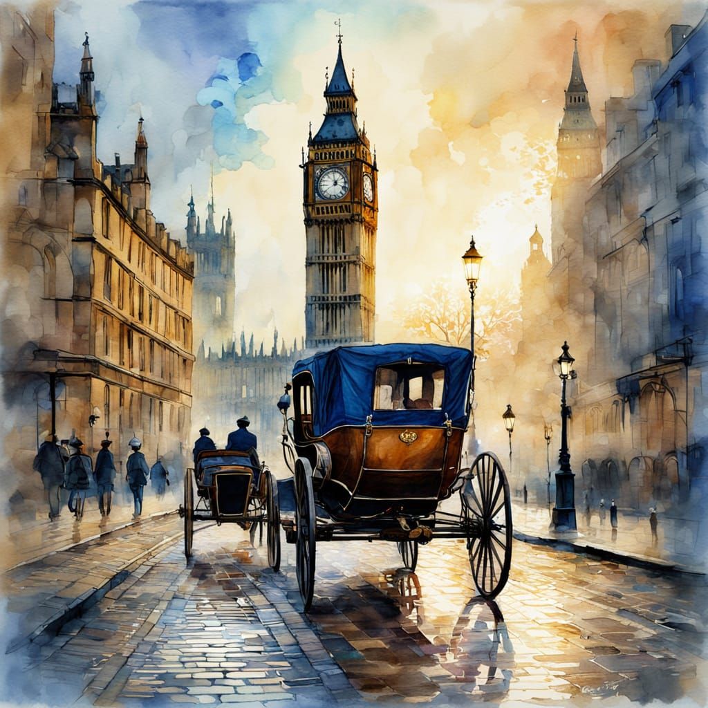 Horsedrawn Carriage and Big Ben in Watercolor Style