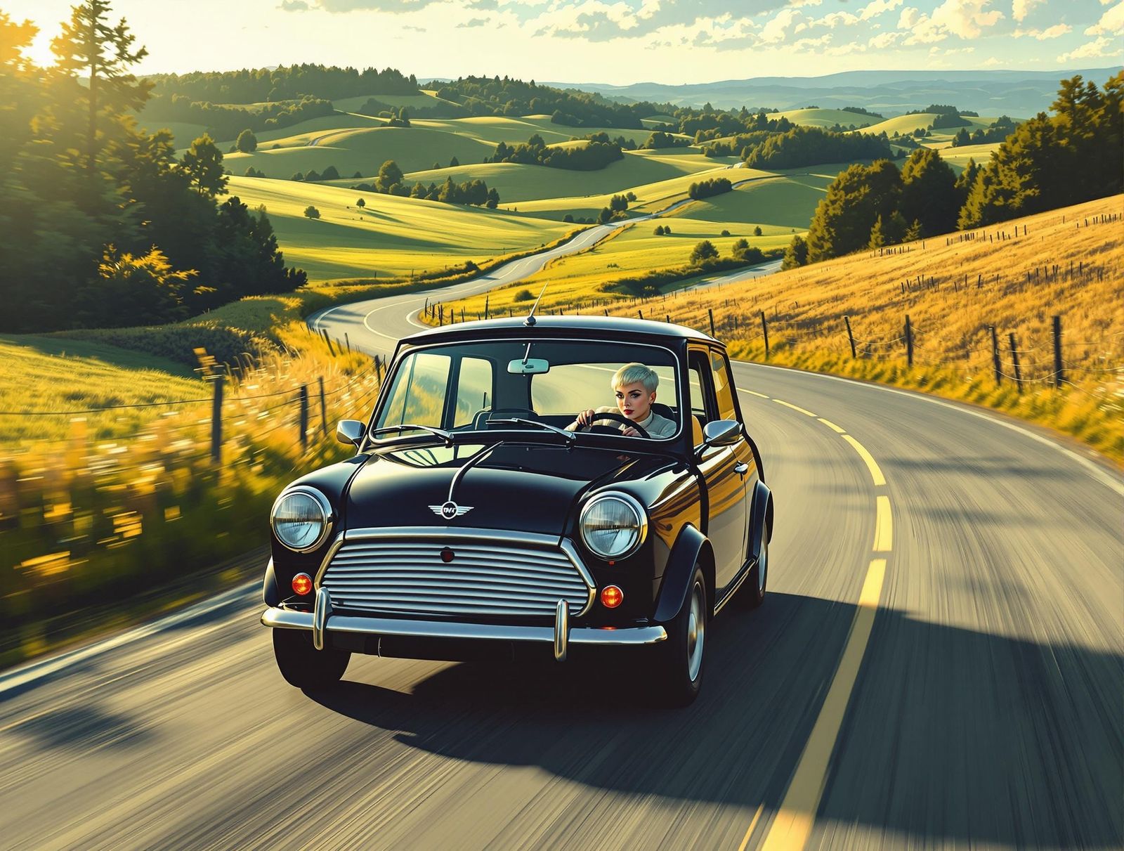 Confident Punk Woman Drives Vintage Mini Cooper Down Country...