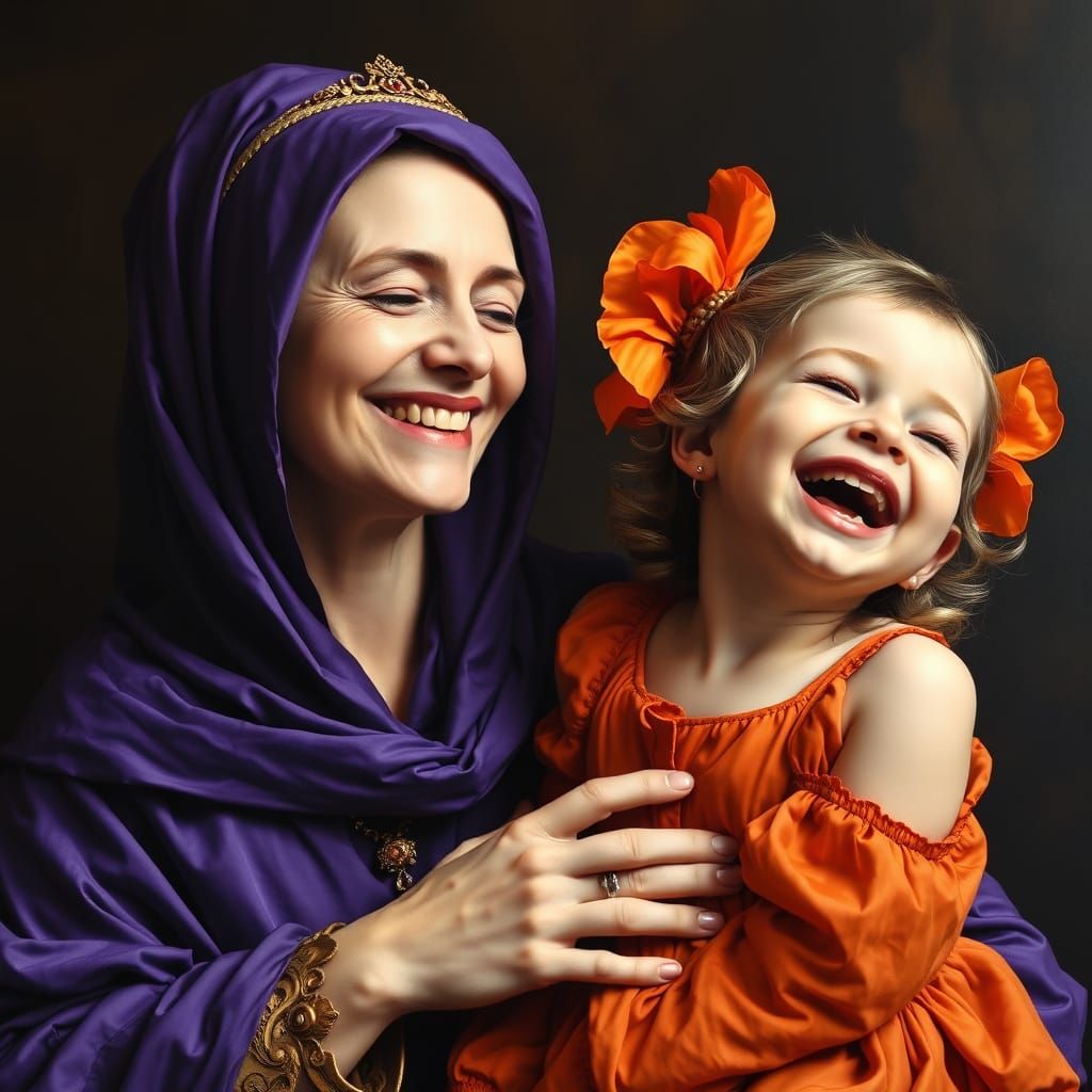 Mother and Daughter in Vibrant Hues, an Ornate Masterpiece