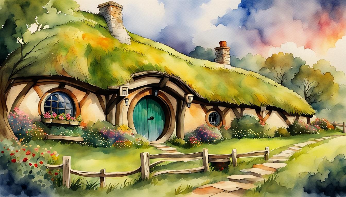 Watercolor Hobbiton Hobbit Hole in The Shire