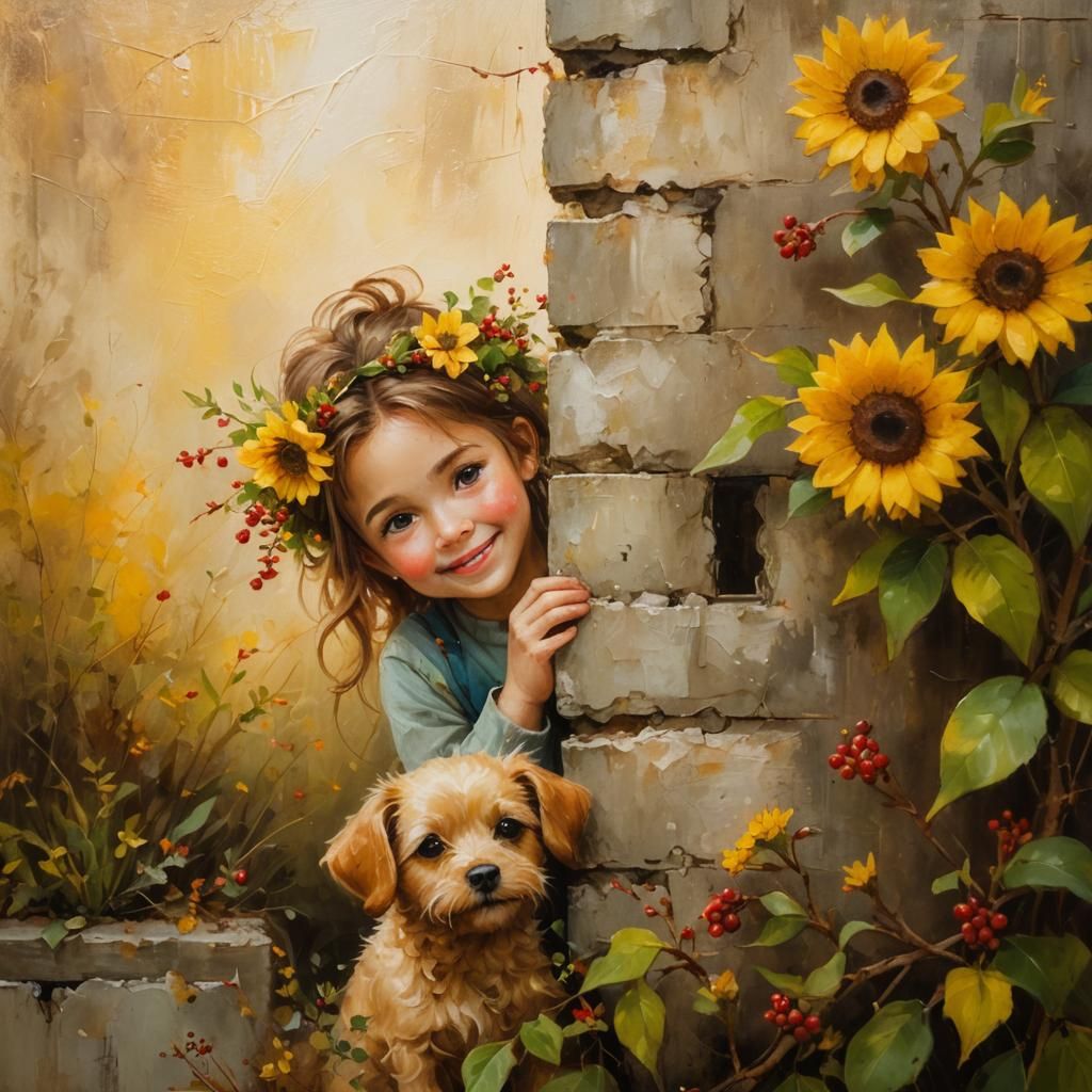 Girl with Dog Peeking in Impressionistic Rustic Style