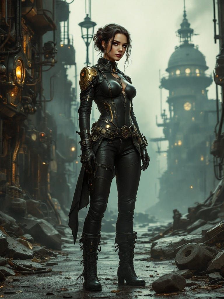 1950s Pin-Up Steampunk Fusion in Dramatic Lighting