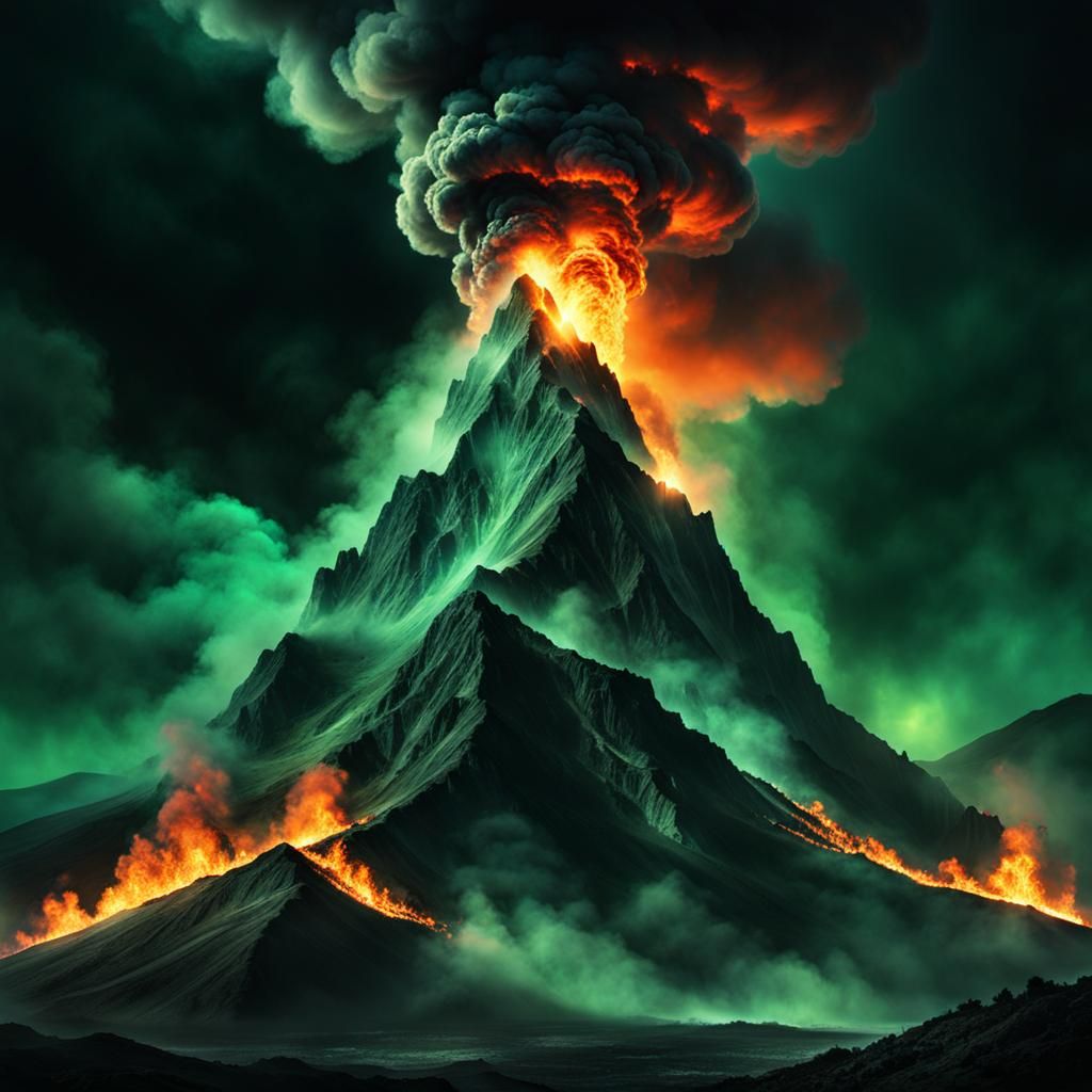 Emerald Mountain Eruption in a Blazing Sky