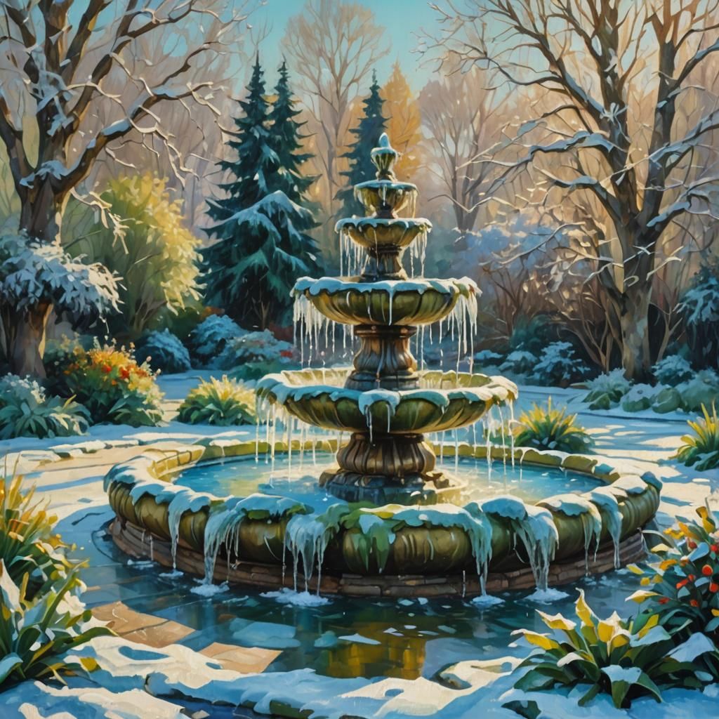 Frozen Fountain in Neo-Impressionist Oil Painting