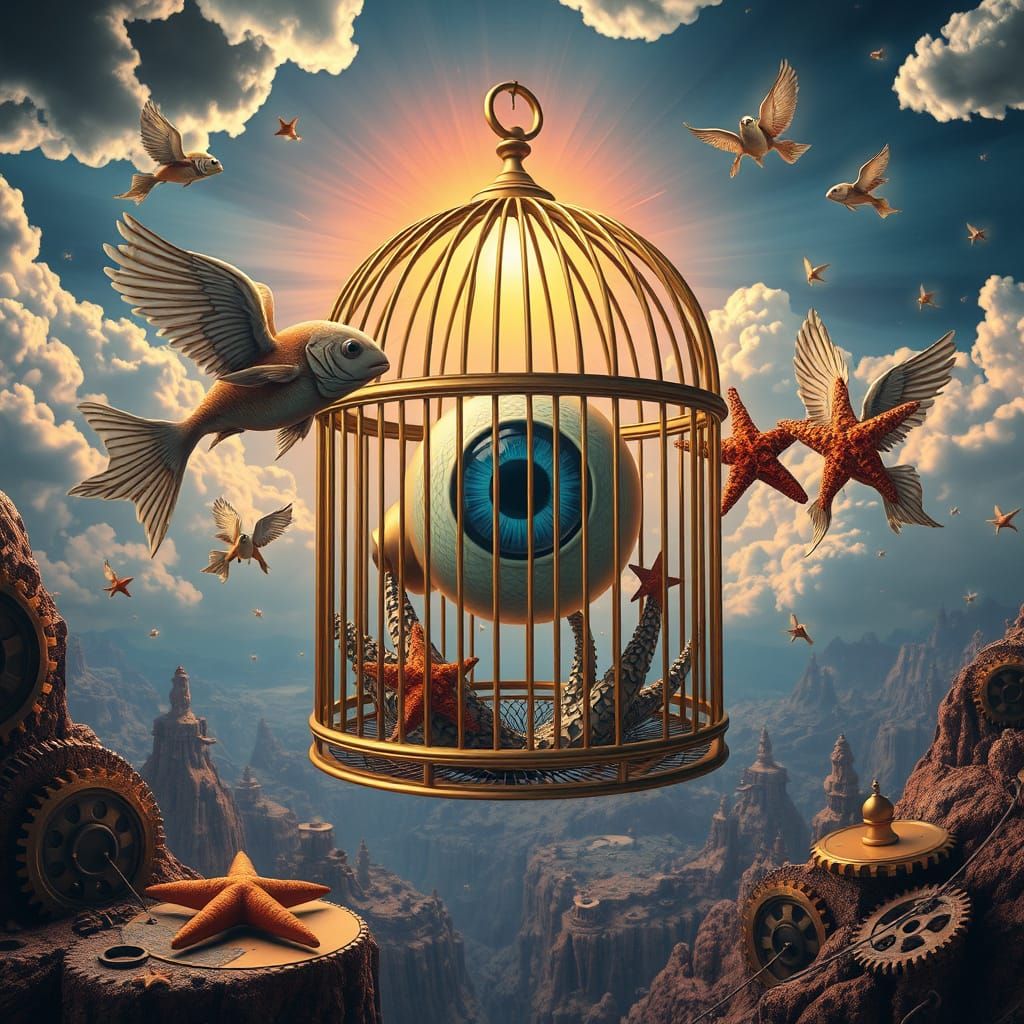 Surreal Golden Cage in Dreamlike Steampunk Landscape