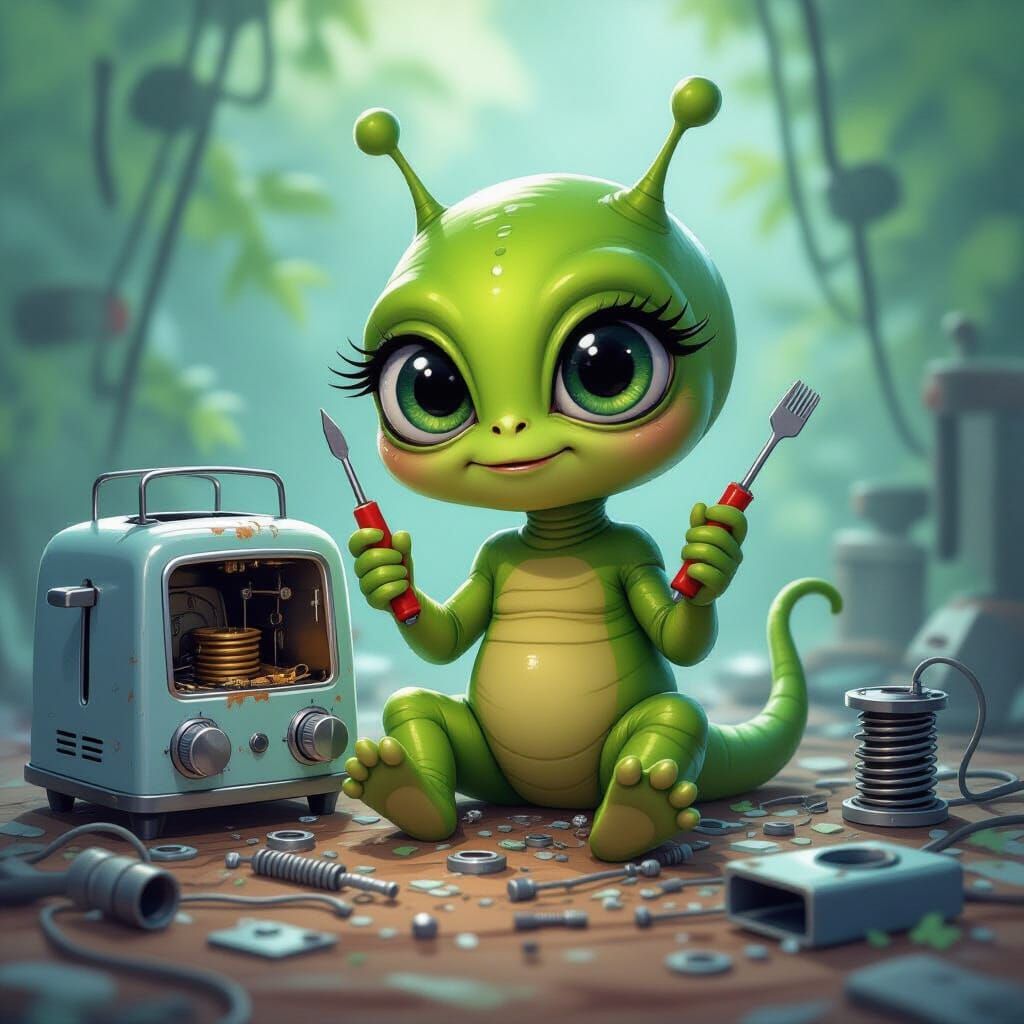 Puzzled Green Alien with Disassembled Toaster in Cartoon Sty...
