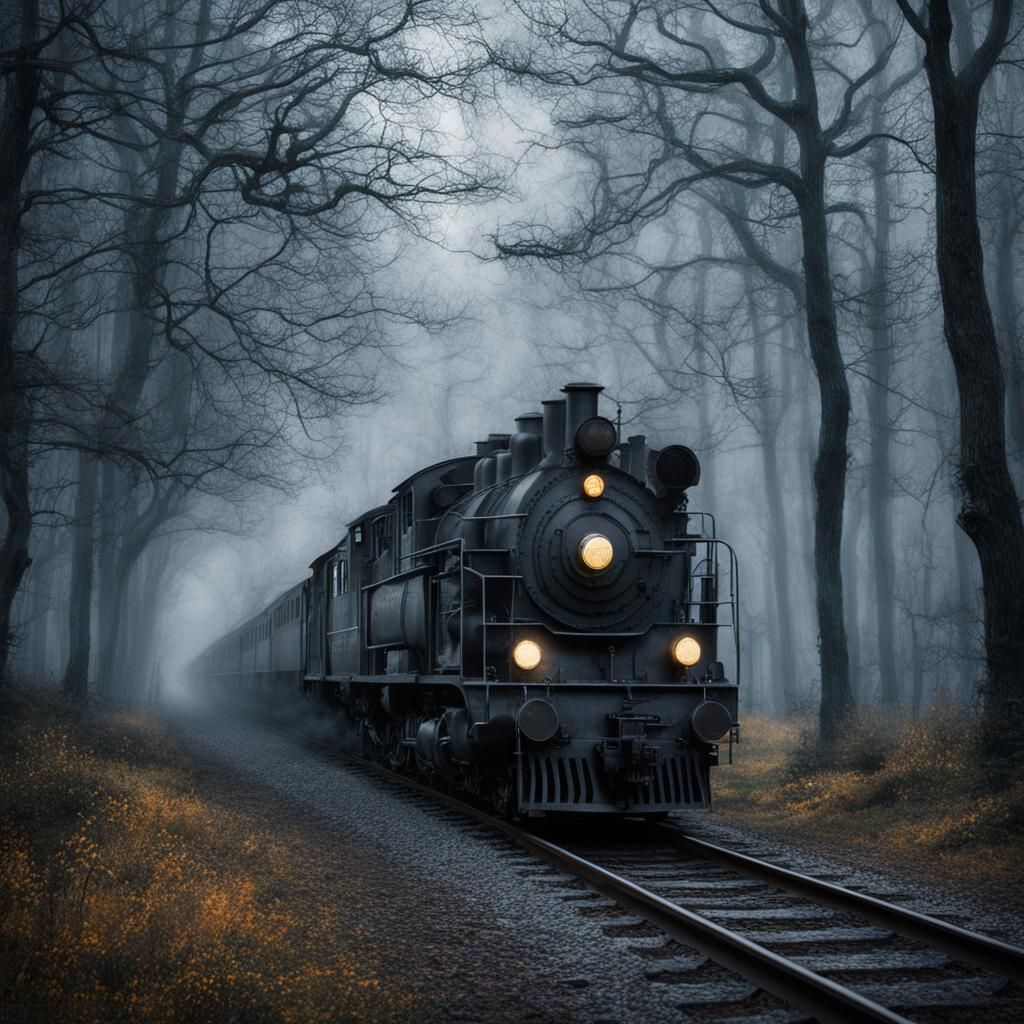 Ghostly Train in Misty Forest: Impressionistic Style