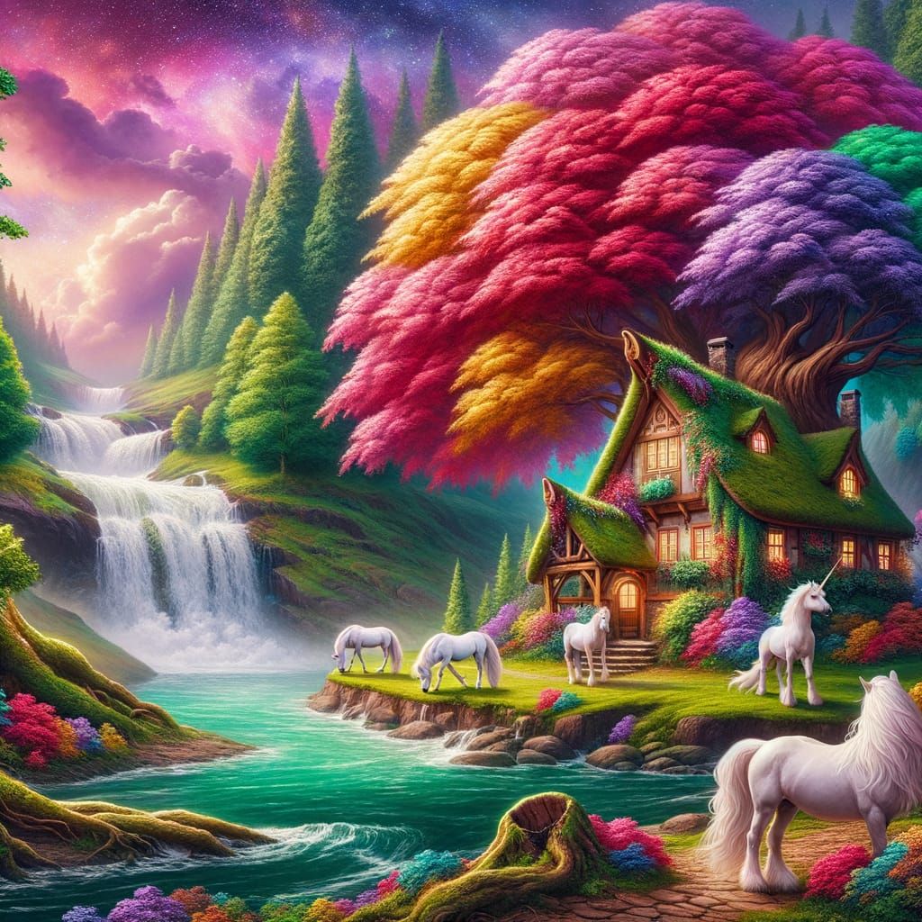 Fantasy Cottage Scene with Unicorns and Colorful Trees