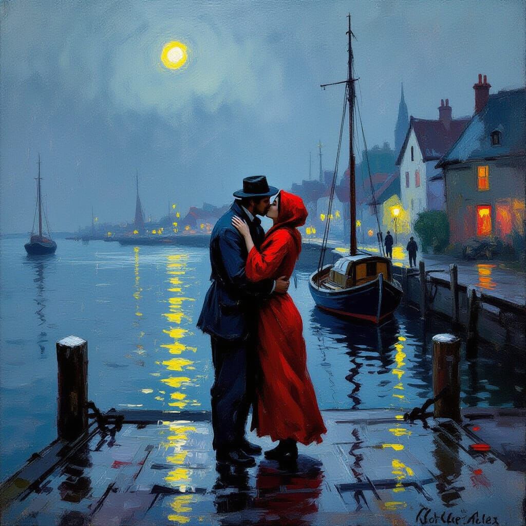 Impressionist Fisherman's Farewell on Rainy Evening Dock