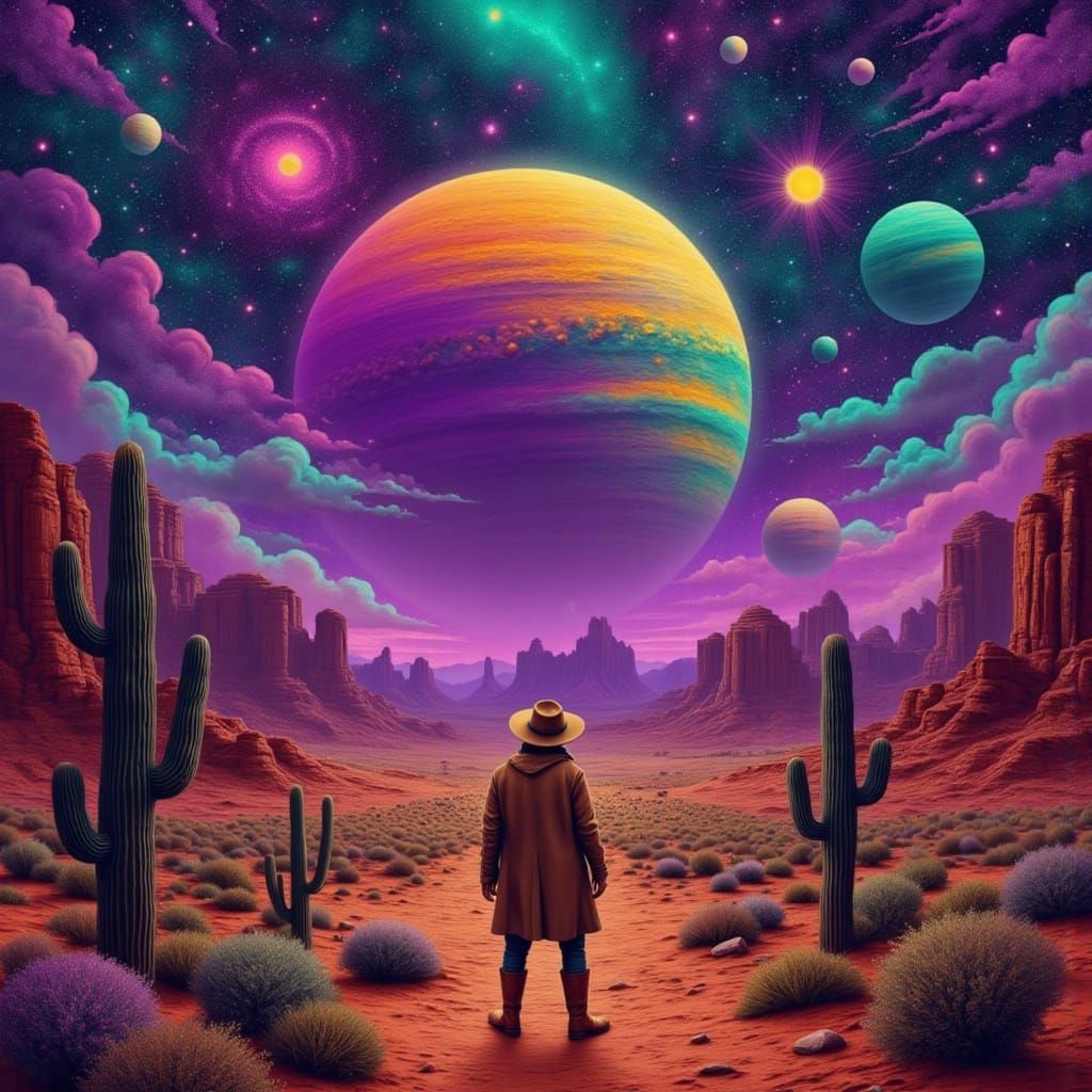 Cosmic Cowboy in a Retro-Futuristic Westernscape