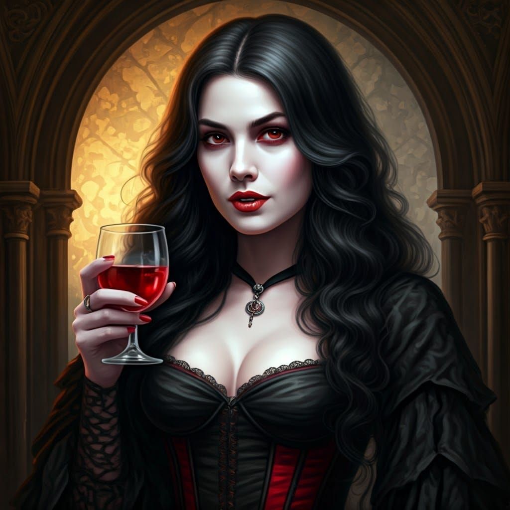 Ethereal Vampire Goddess Sips Crimson Elixir in a Dark Gothi...