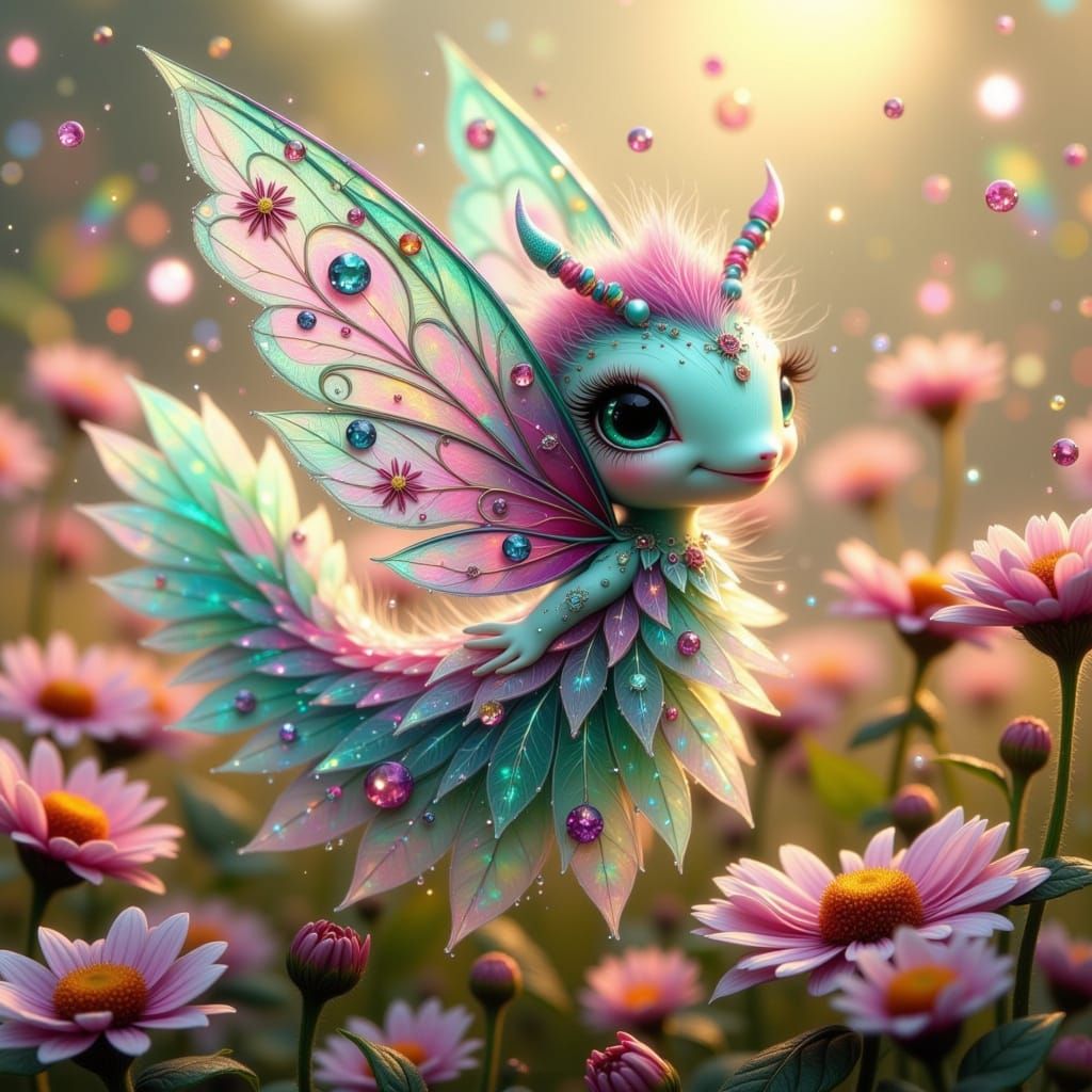 Delicate Fae Creature in Whimsical Gingham and Opalescent Hu...