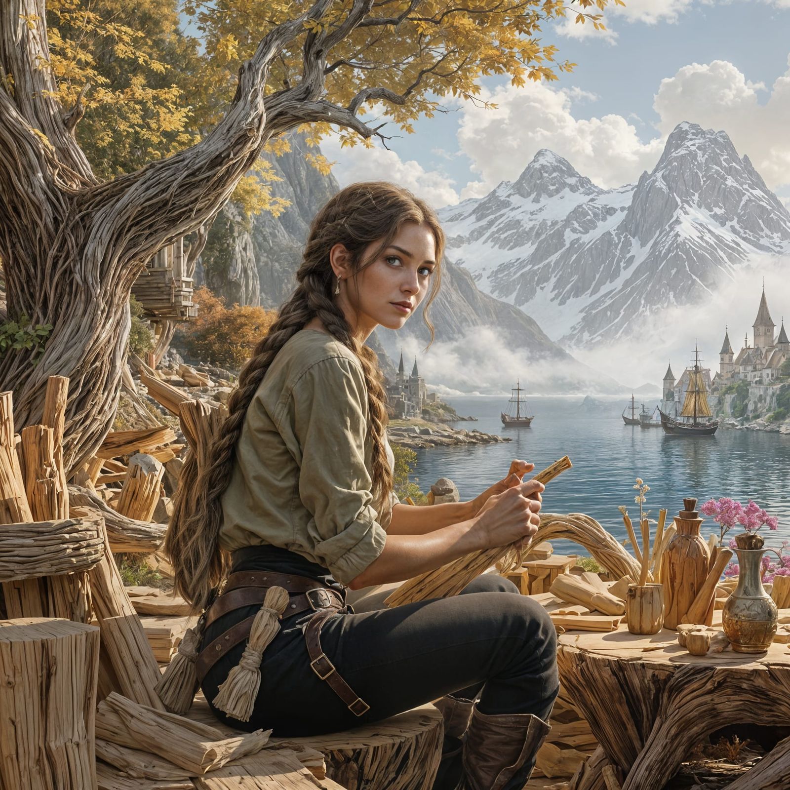 Fantasy Wood Carver in Rustic Greens and Golds