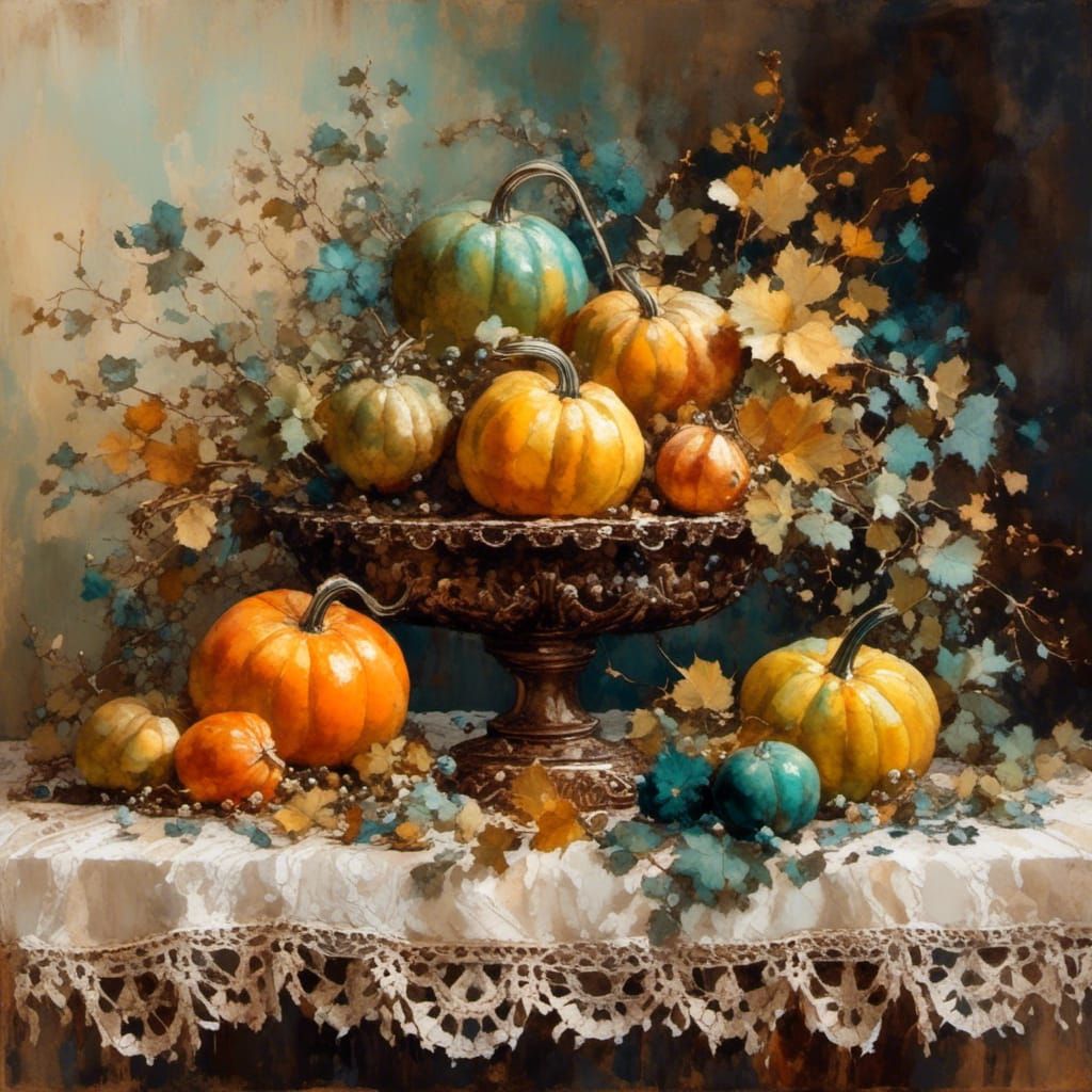 Autumn Gourds Still Life in Watercolor Impasto Style